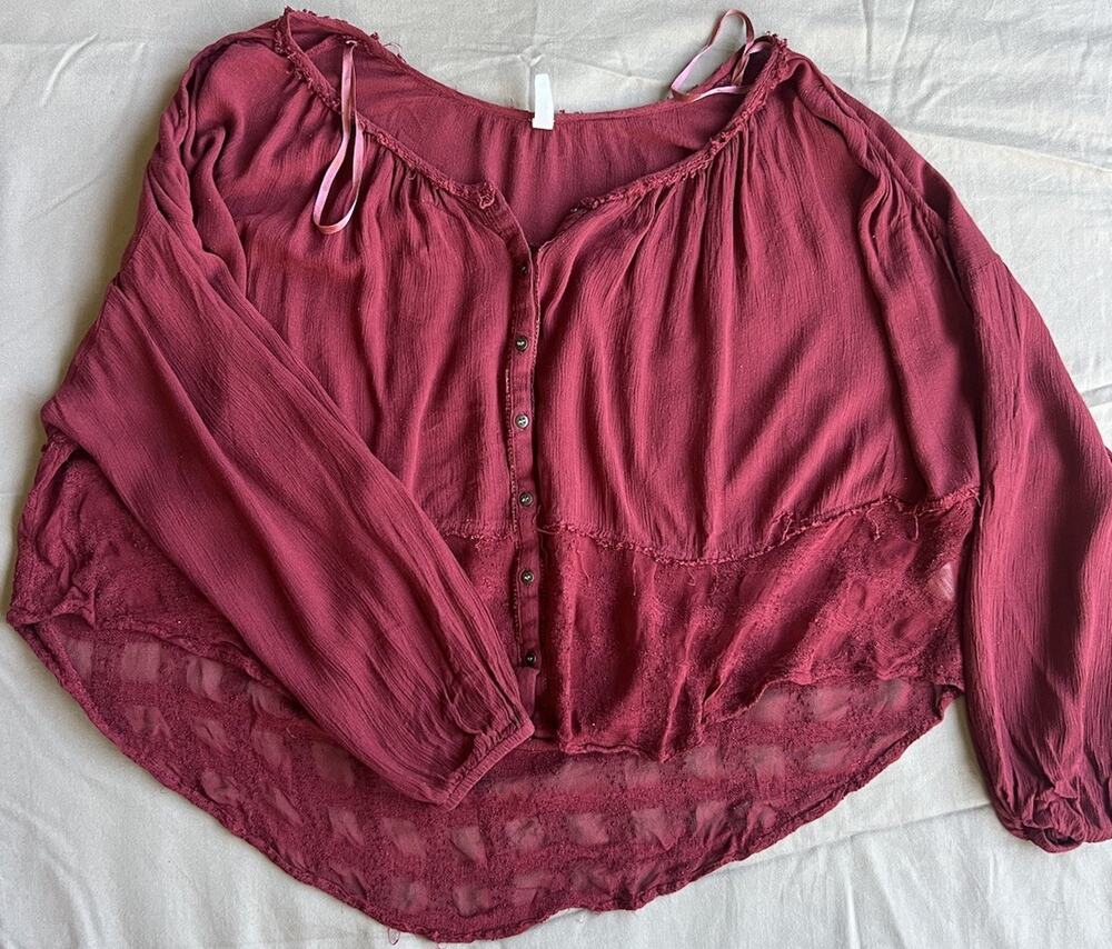 Free People Womens Small Burgundy Lace Hem Button Front Boho Peasant Blouse